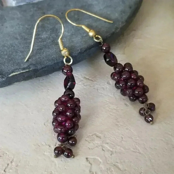 Handcrafted India Raw Brass and Garnet Gemstone Bead Clusters 54mm Long Earrings - Picture 1 of 8